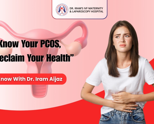 PCOS awareness banner showing a young woman holding her lower abdomen beside a uterus illustration, promoting expert care with Obstetrician-Gynecologist Dr. Iram Aijaz at the Best IVF Center in Bhopal.