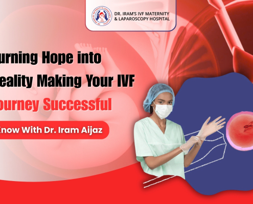 IVF success banner showing a healthcare professional in scrubs and mask putting on gloves beside an illustration of an embryo, with text about turning hope into reality and making your IVF journey successful with Obstetrician-Gynecologist in Bhopal Dr. Iram Aijaz at the Best IVF Center in Bhopal.