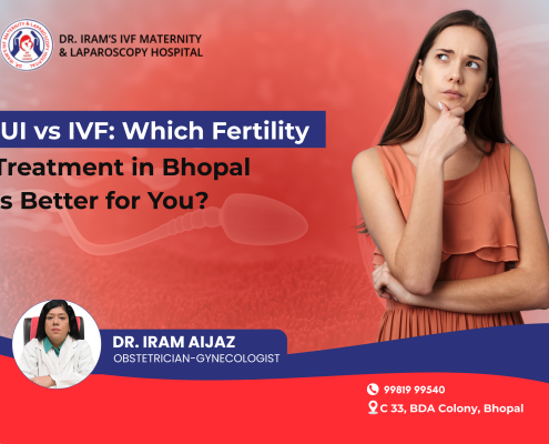 Woman thinking about IUI vs IVF fertility treatment in Bhopal with Dr. Iram IVF Maternity & Laparoscopy Hospital banner