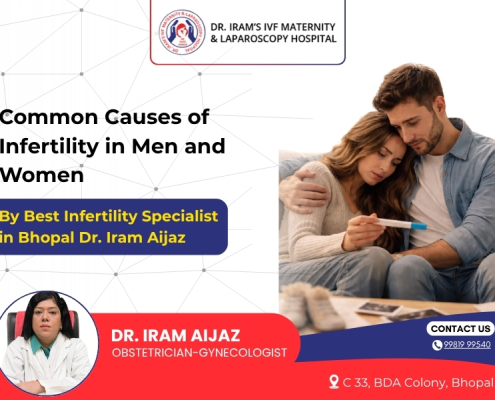 Couple looking worried about pregnancy test results with Dr. Iram Aijaz promoting infertility treatment and IVF care in Bhopal.