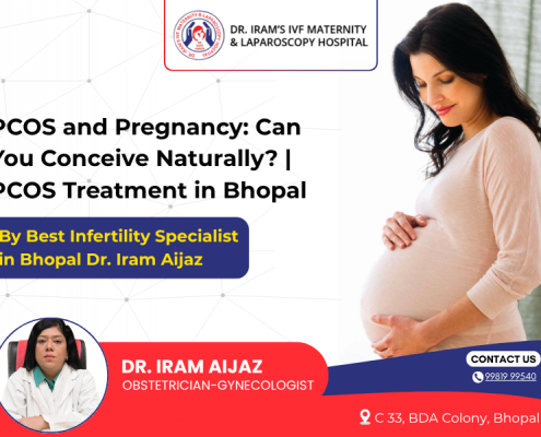 Pregnant woman with PCOS awareness banner for natural pregnancy guidance and PCOS Treatment in Bhopal by Dr. Iram Aijaz IVF Maternity & Laparoscopy Hospital