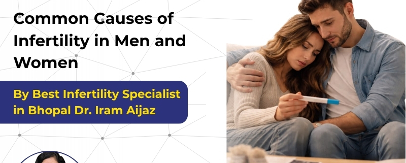 Couple looking worried about pregnancy test results with Dr. Iram Aijaz promoting infertility treatment and IVF care in Bhopal.