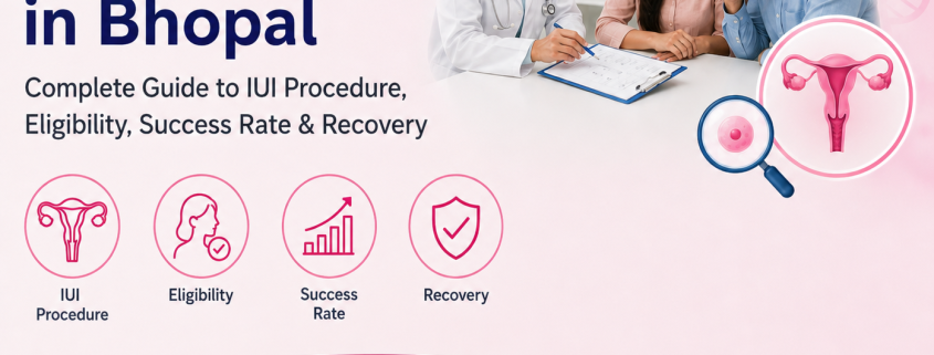 IUI Treatment in Bhopal infographic explaining the IUI procedure, eligibility, success rate and recovery, with fertility-related medical illustrations and treatment information.