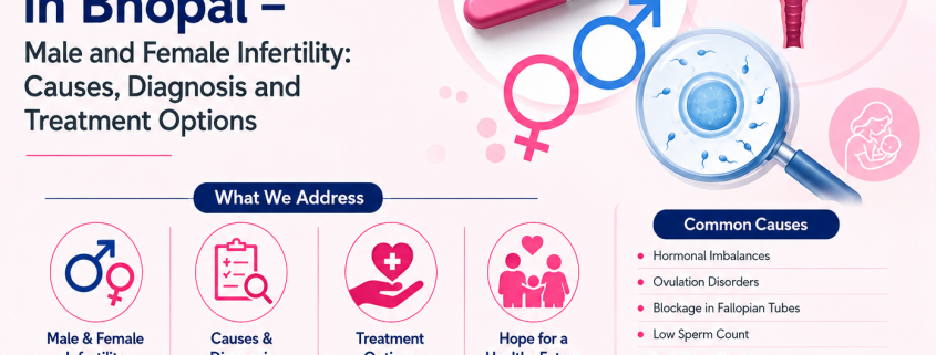 Infertility Specialist in Bhopal infographic featuring male and female infertility factors, fertility diagnosis, treatment options, reproductive health illustrations, and personalized fertility care.
