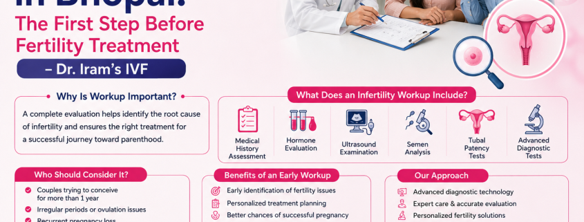 Infertility Workup in Bhopal infographic explaining fertility evaluation before treatment, including medical history, hormone evaluation, ultrasound examination, semen analysis, tubal patency tests, advanced diagnostic tests, early workup benefits and personalized fertility care.