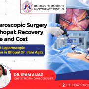 Laparoscopic surgery infographic showing minimally invasive surgery, surgical instruments, and recovery and cost information in Bhop