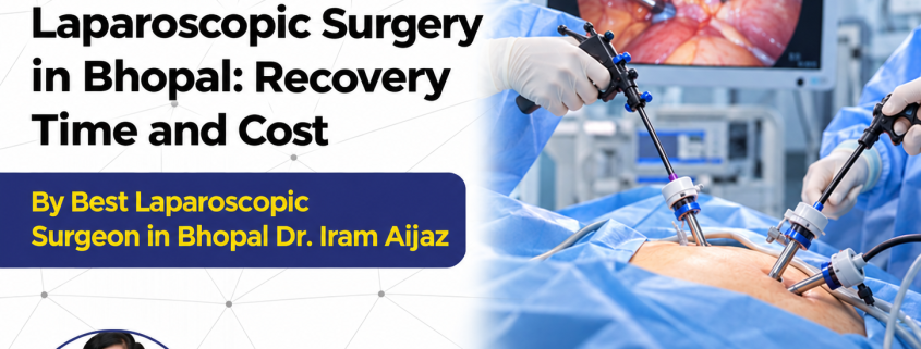 Laparoscopic surgery infographic showing minimally invasive surgery, surgical instruments, and recovery and cost information in Bhop